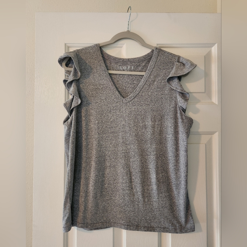 LOFT Gray Ruffled Flutter Sleeve Tank Top